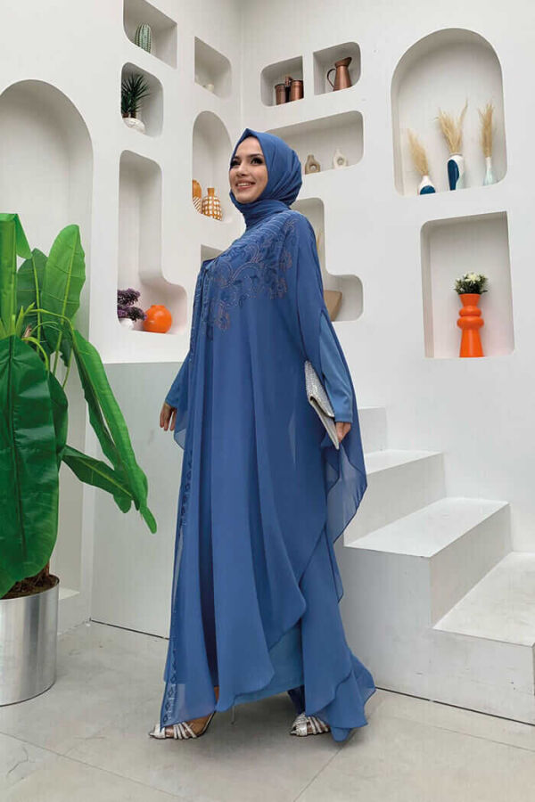 Steinbesticktes Chiffon-Cape-Kleid, Abendkleid, Anzug 3772 Indigo - 2