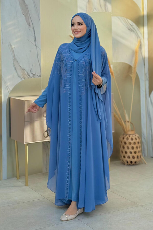 Steinbesticktes Chiffon-Cape-Kleid, Abendkleid, Anzug 3772 Indigo - 3