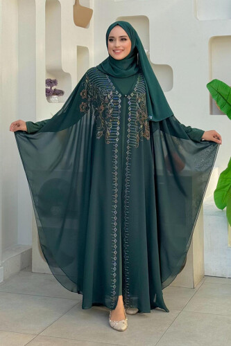 Steinbesticktes Chiffon-Cape-Kleid, Abendkleid, Anzug 3772 Smaragd 