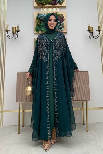 Stone Embroidered Chiffon Cape Dress Evening Dress Suit 3772 Emerald 