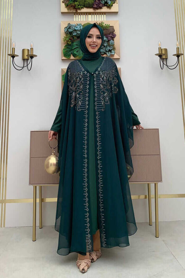 Stone Embroidered Chiffon Cape Dress Evening Dress Suit 3772 Emerald - 1