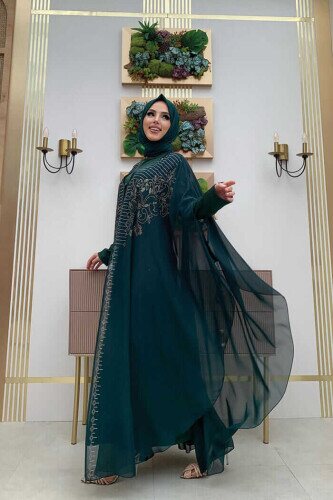 Stone Embroidered Chiffon Cape Dress Evening Dress Suit 3772 Emerald - 3