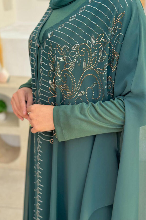 Stone Embroidered Chiffon Cape Dress Evening Dress Suit 3772 Emerald - 4