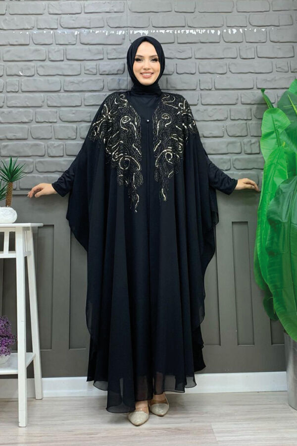 Steinbesticktes, gemustertes Chiffon-Cape-Kleid, Abendkleid, Anzug 3773, Schwarz - 1