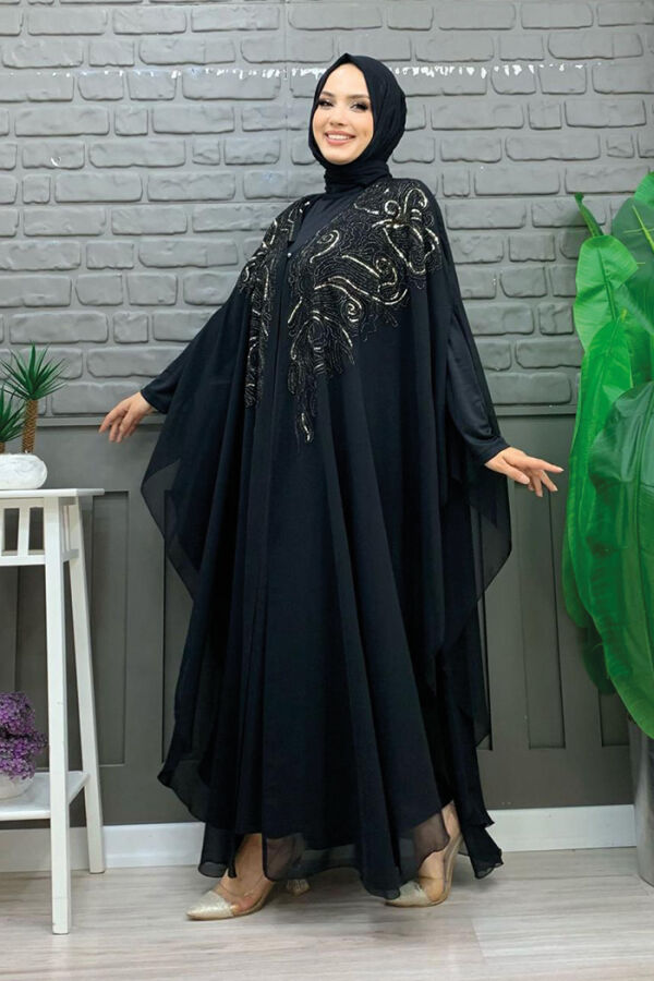 Steinbesticktes, gemustertes Chiffon-Cape-Kleid, Abendkleid, Anzug 3773, Schwarz - 2