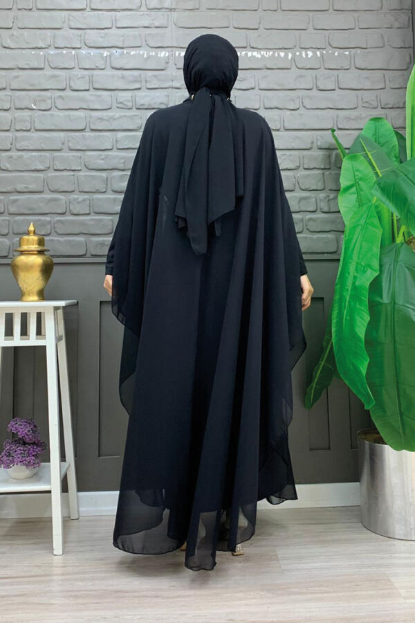 Steinbesticktes, gemustertes Chiffon-Cape-Kleid, Abendkleid, Anzug 3773, Schwarz - 3