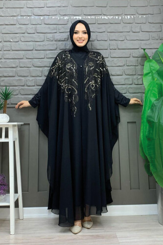 Stone Embroidered Patterned Chiffon Cape Dress Evening Dress Suit 3773 Black 