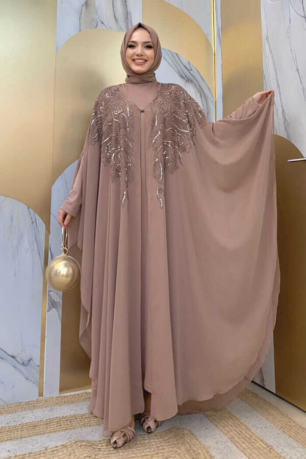 Stone Embroidered Patterned Chiffon Cape Dress Evening Dress Suit 3773 Mink - 2