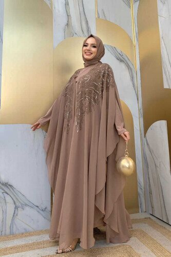 Stone Embroidered Patterned Chiffon Cape Dress Evening Dress Suit 3773 Mink - 3