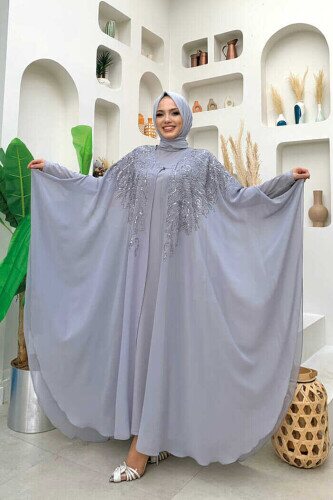 Stone Embroidered Patterned Chiffon Cape Dress Evening Dress Suit 3773 Gray - 2