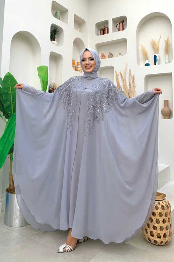 Stone Embroidered Patterned Chiffon Cape Dress Evening Dress Suit 3773 Gray - 2