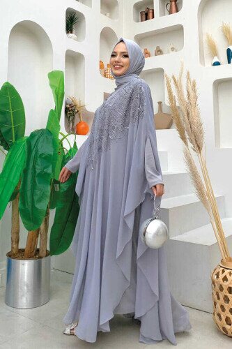 Stone Embroidered Patterned Chiffon Cape Dress Evening Dress Suit 3773 Gray - 3