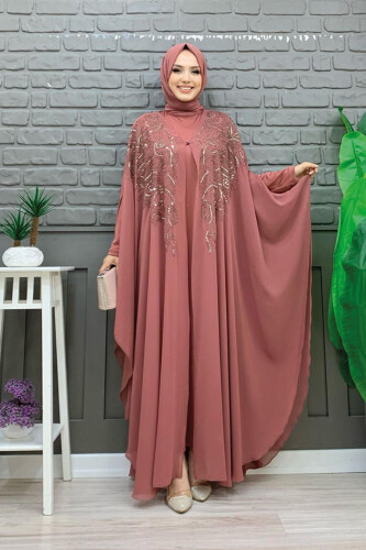 Stone Embroidered Patterned Chiffon Cape Dress Evening Dress Suit 3773 Dried Rose - 1