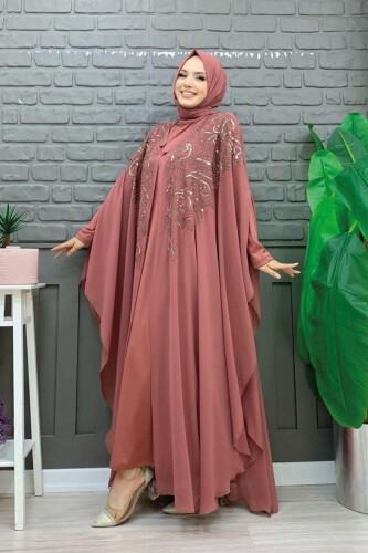 Stone Embroidered Patterned Chiffon Cape Dress Evening Dress Suit 3773 Dried Rose - 2