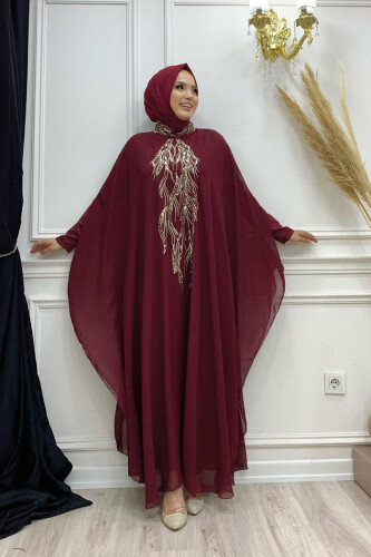 Sequin Embroidered Chiffon Cape Dress Evening Suit 3774 Claret Red 