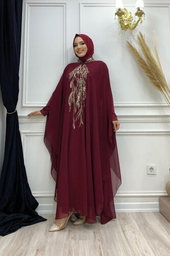 Sequin Embroidered Chiffon Cape Dress Evening Suit 3774 Claret Red - 2