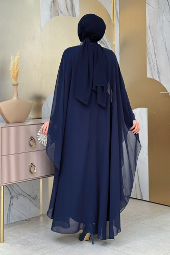 Mit Pailletten besticktes Chiffon-Cape-Kleid, Abendkleid, Anzug 3774, Marineblau - 2