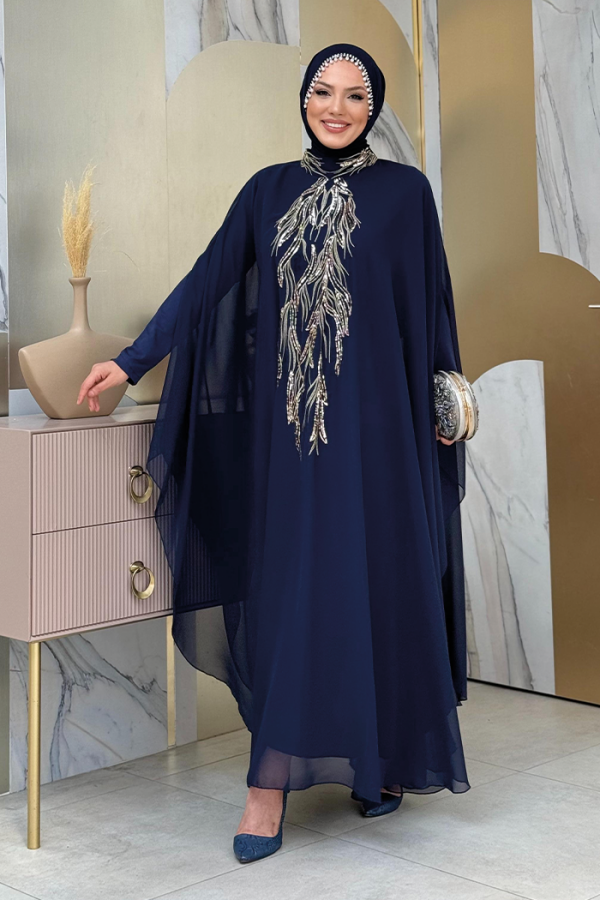 Sequin Embroidered Chiffon Cape Dress Evening Dress Suit 3774 Navy Blue - 3