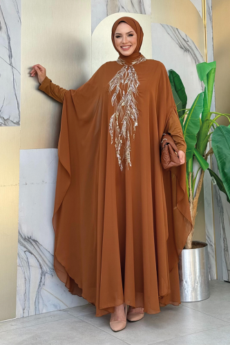 Sequin Embroidered Chiffon Cape Dress Evening Dress Suit 3774 Tan 