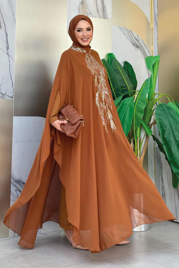 Sequin Embroidered Chiffon Cape Dress Evening Dress Suit 3774 Tan - 3