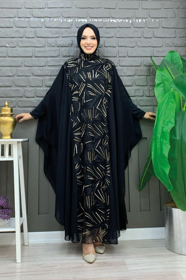 Chiffon Sequin Embroidered Cape Dress Evening Dress Suit 3775 Black - 1