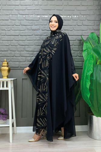 Chiffon Sequin Embroidered Cape Dress Evening Dress Suit 3775 Black - 2