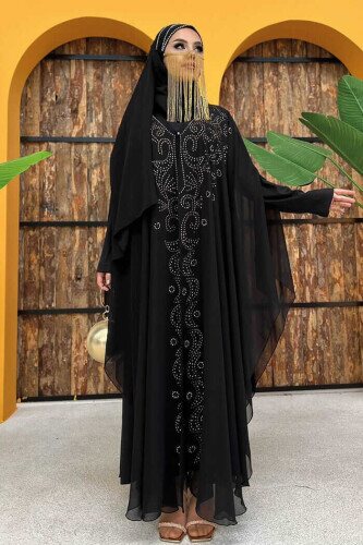 Stone Embroidered Chiffon Bat Sleeve Cape Dress Evening Dress Suit 3776 Black 