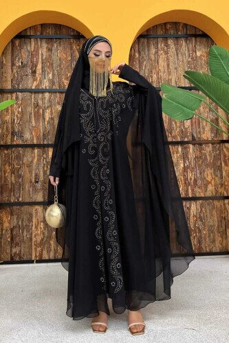 Stone Embroidered Chiffon Bat Sleeve Cape Dress Evening Dress Suit 3776 Black - 2