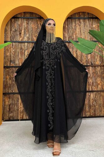 Stone Embroidered Chiffon Bat Sleeve Cape Dress Evening Dress Suit 3776 Black - 3