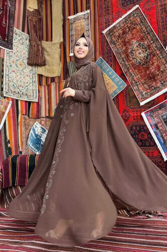 Stone Embroidered Chiffon Bat Sleeve Cape Dress Evening Dress Suit 3776 Brown - 2