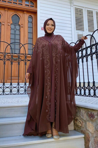 Stone Embroidered Chiffon Bat Sleeve Cape Dress Evening Dress Suit 3776 Brown 