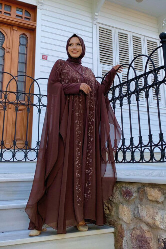 Stone Embroidered Chiffon Bat Sleeve Cape Dress Evening Dress Suit 3776 Brown - 2