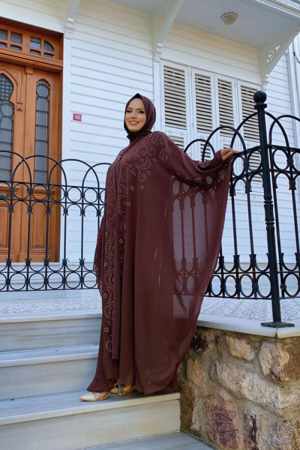 Stone Embroidered Chiffon Bat Sleeve Cape Dress Evening Dress Suit 3776 Brown - 3