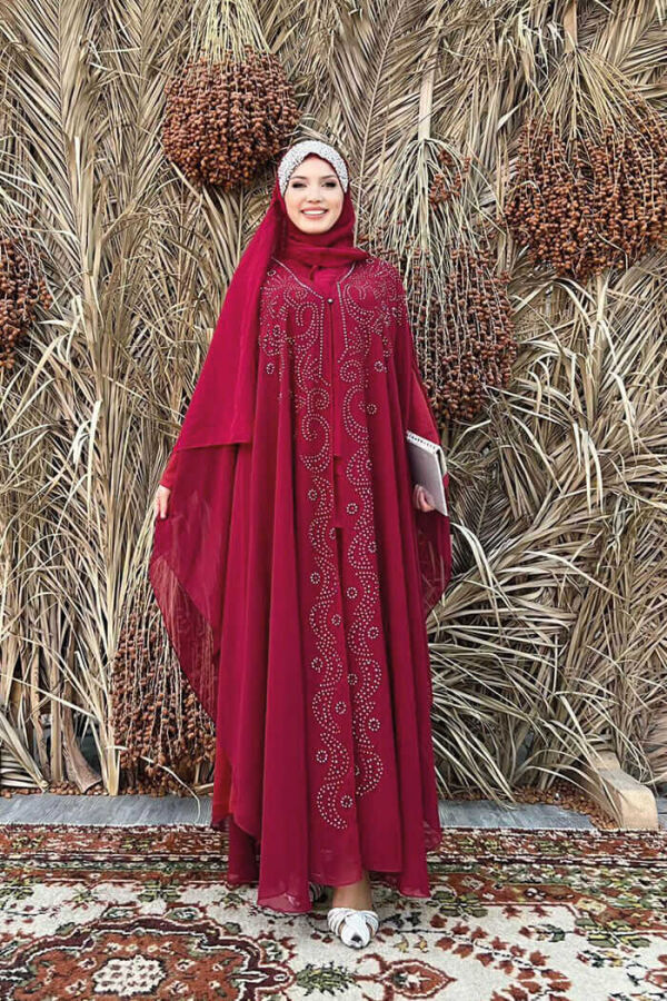 Stone Embroidered Chiffon Bat Sleeve Cloak Dress Evening Dress Suit 3776 Claret Red - 1