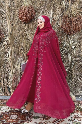 Stone Embroidered Chiffon Bat Sleeve Cloak Dress Evening Dress Suit 3776 Claret Red - 2