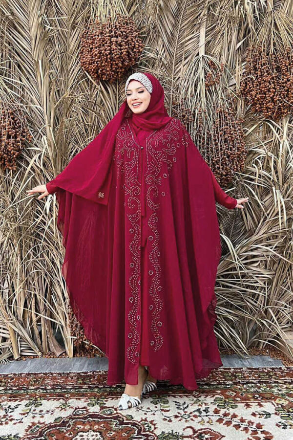 Stone Embroidered Chiffon Bat Sleeve Cloak Dress Evening Dress Suit 3776 Claret Red - 3