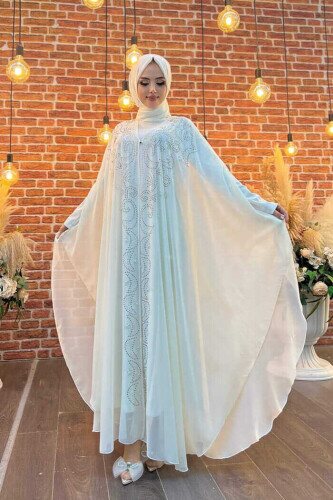 Stone Embroidered Chiffon Bat Sleeve Cloak Dress Evening Dress Suit 3776 Ecru 