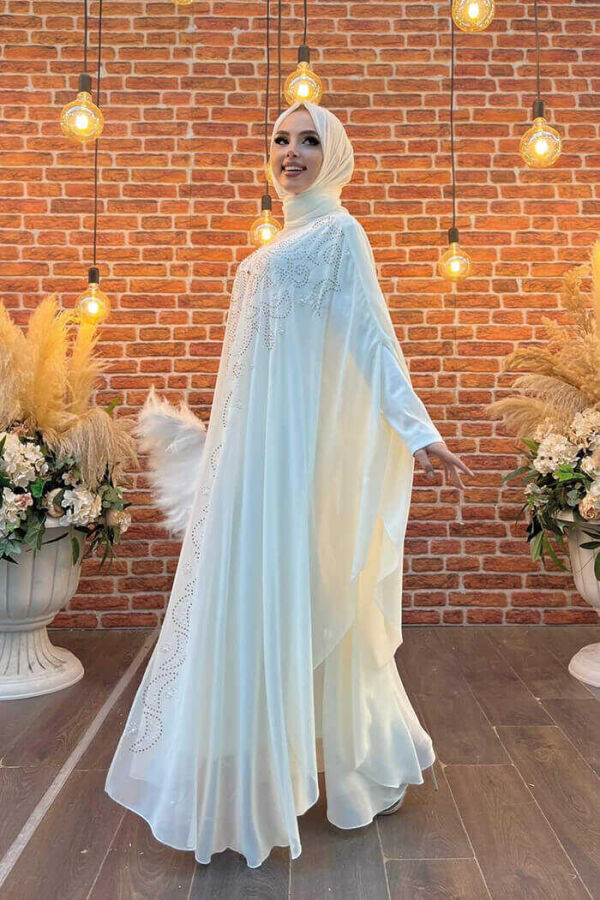 Stone Embroidered Chiffon Bat Sleeve Cloak Dress Evening Dress Suit 3776 Ecru - 2