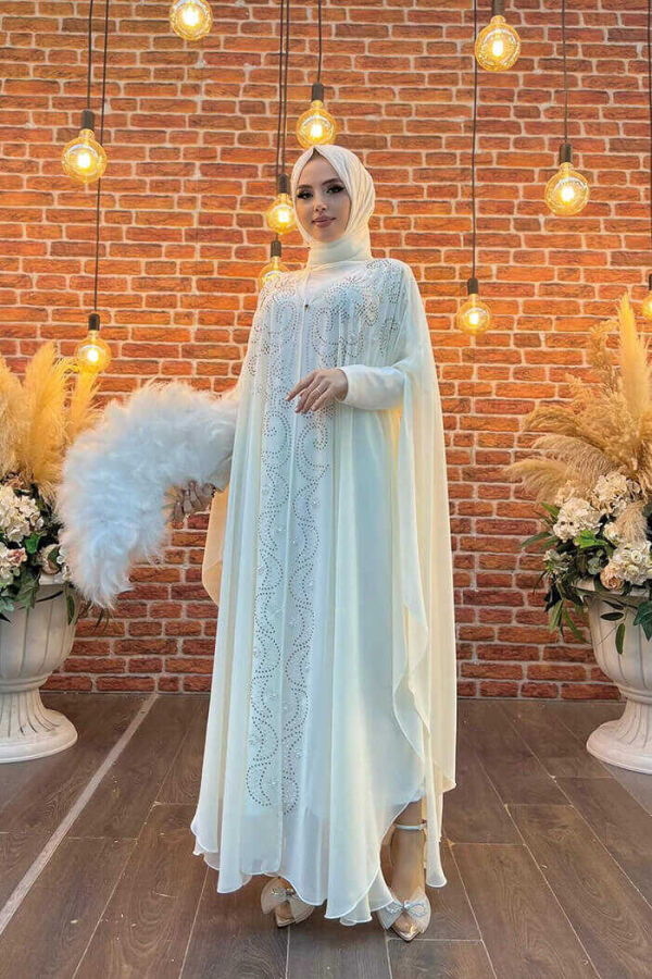 Stone Embroidered Chiffon Bat Sleeve Cloak Dress Evening Dress Suit 3776 Ecru - 3