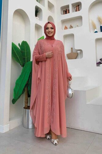 Stone Embroidered Chiffon Bat Sleeve Cloak Dress Evening Dress Suit 3776 Powder 