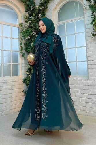 Stone Embroidered Chiffon Bat Sleeve Cloak Dress Evening Dress Suit 3776 Emerald 