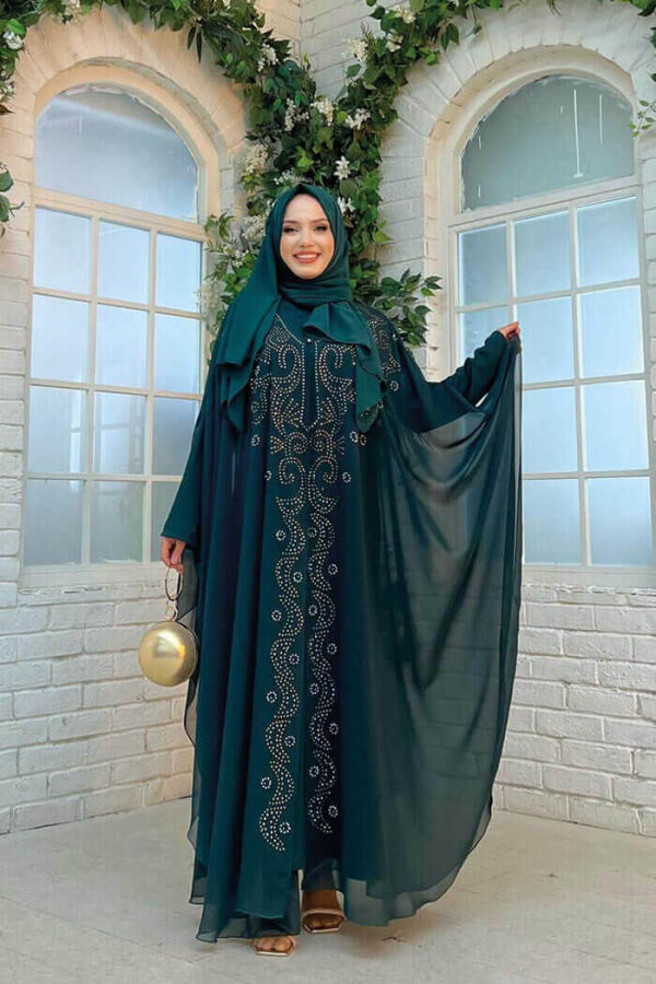 Stone Embroidered Chiffon Bat Sleeve Cloak Dress Evening Dress Suit 3776 Emerald - 2