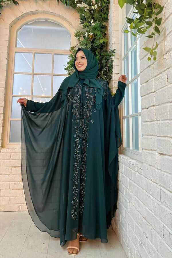 Stone Embroidered Chiffon Bat Sleeve Cloak Dress Evening Dress Suit 3776 Emerald - 3