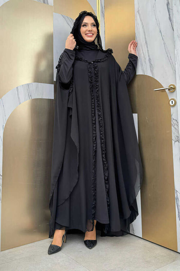 Hooded Certain Parts Frill Detailed Abaya Dress Evening Suit 3778 Black - 1