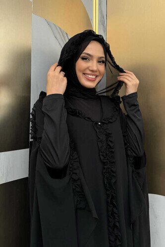 Hooded Certain Parts Frill Detailed Abaya Dress Evening Suit 3778 Black - 4