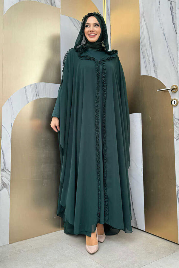 Hooded Certain Parts Frill Detailed Abaya Dress Evening Suit 3778 Emerald - 1