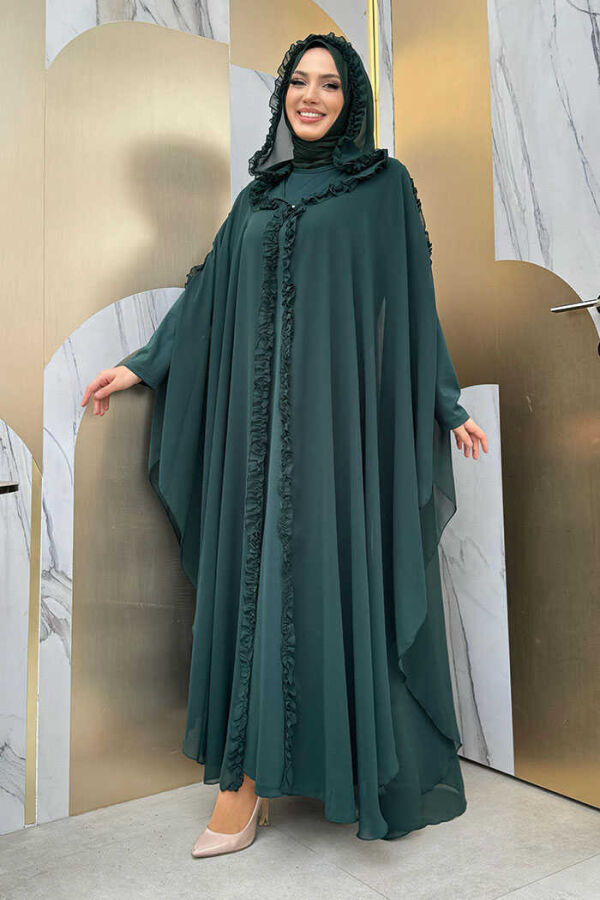 Hooded Certain Parts Frill Detailed Abaya Dress Evening Suit 3778 Emerald - 2