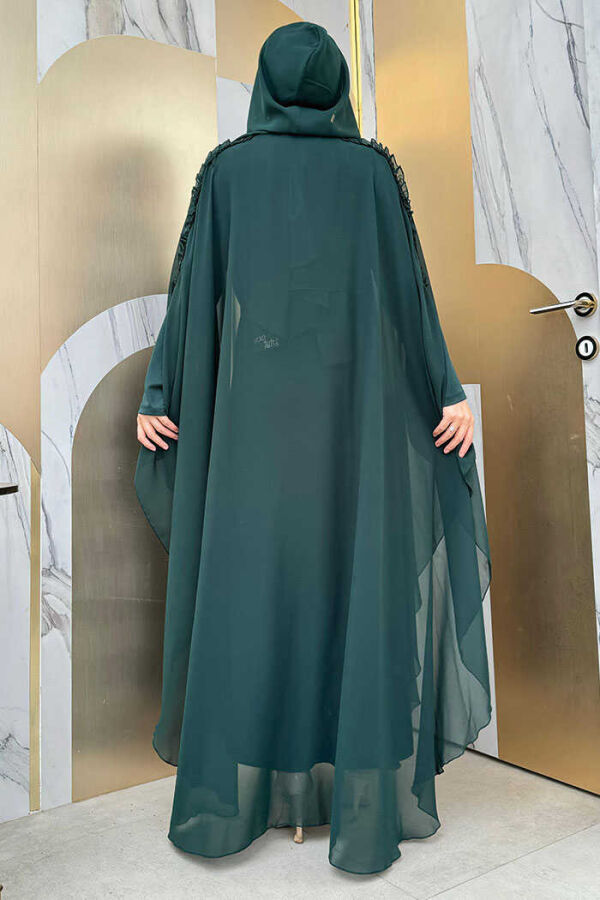 Hooded Certain Parts Frill Detailed Abaya Dress Evening Suit 3778 Emerald - 3