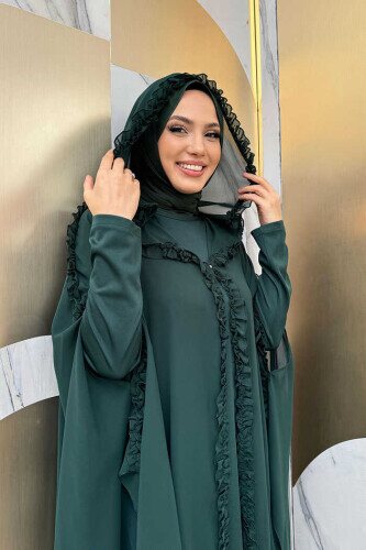 Hooded Certain Parts Frill Detailed Abaya Dress Evening Suit 3778 Emerald - 4