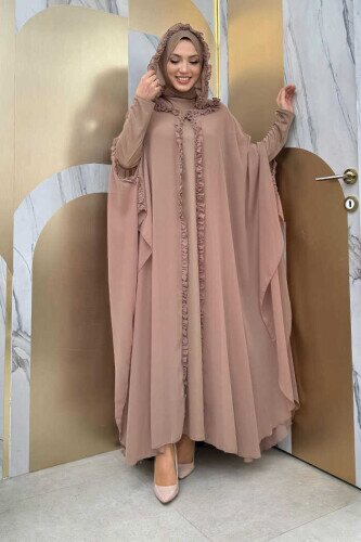 Hooded Certain Parts Frill Detailed Abaya Dress Evening Suit 3778 Mink - 1